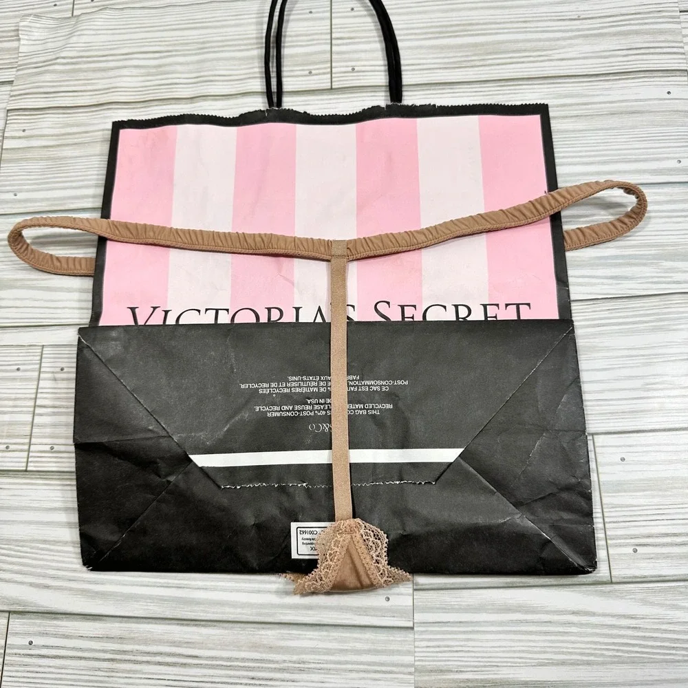 NWT Victoria's Secret Sheer Lace‎ Trim Thong Panty Tan Large